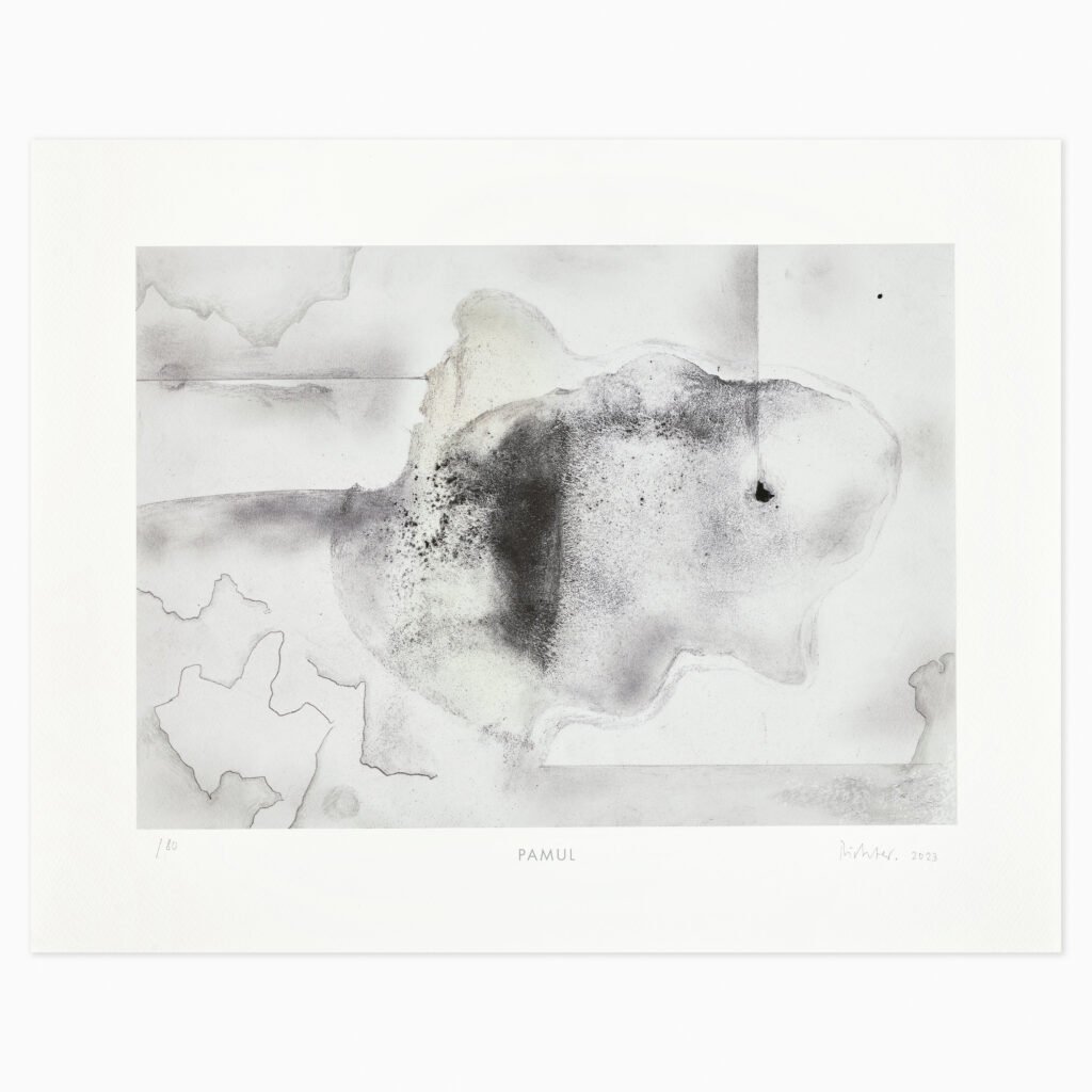 Pamul (2023) by Gerhard Richter, an abstract composition with layered black watercolour paint, creating a richly atmospheric surface with blurred forms and subtle tonal transitions.