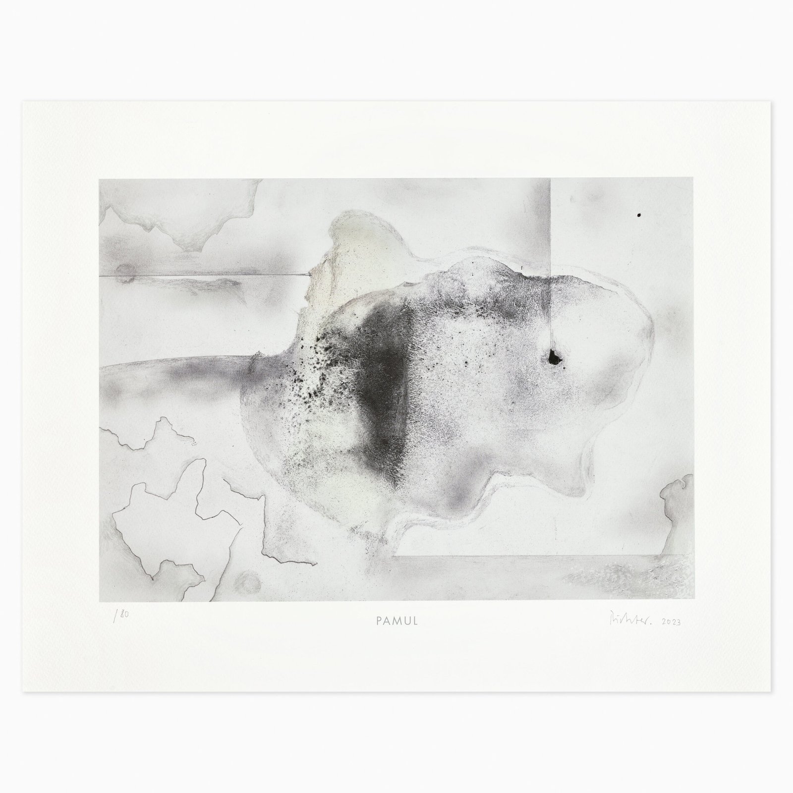 Pamul (2023) by Gerhard Richter, an abstract composition with layered black watercolour paint, creating a richly atmospheric surface with blurred forms and subtle tonal transitions.