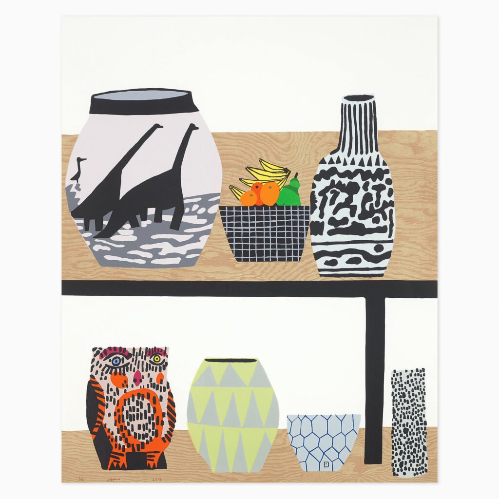 Shelf Still Life (2018) by Jonas Wood, a colourful still-life composition depicting objects arranged on a shelf, rendered in a flattened, graphic style with bold outlines, simplified forms, and layered patterns.