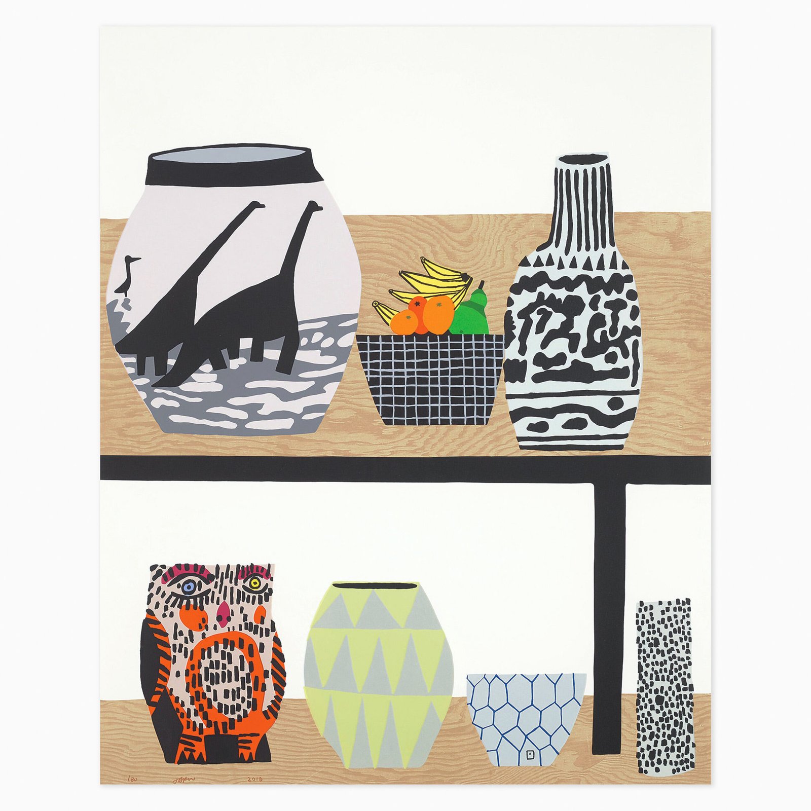 Shelf Still Life (2018) by Jonas Wood, a colourful still-life composition depicting objects arranged on a shelf, rendered in a flattened, graphic style with bold outlines, simplified forms, and layered patterns.