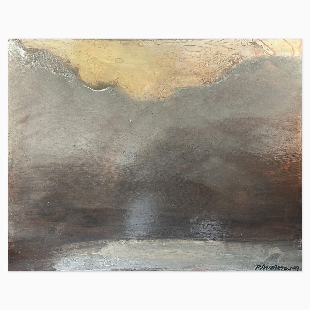 Landscape (1999) by Richard Hambleton, an atmospheric abstract painting on canvas composed of metallic aluminium paint and burnt sienna pigments mixed with satin oil varnish, creating a richly textured, earthy-toned surface.