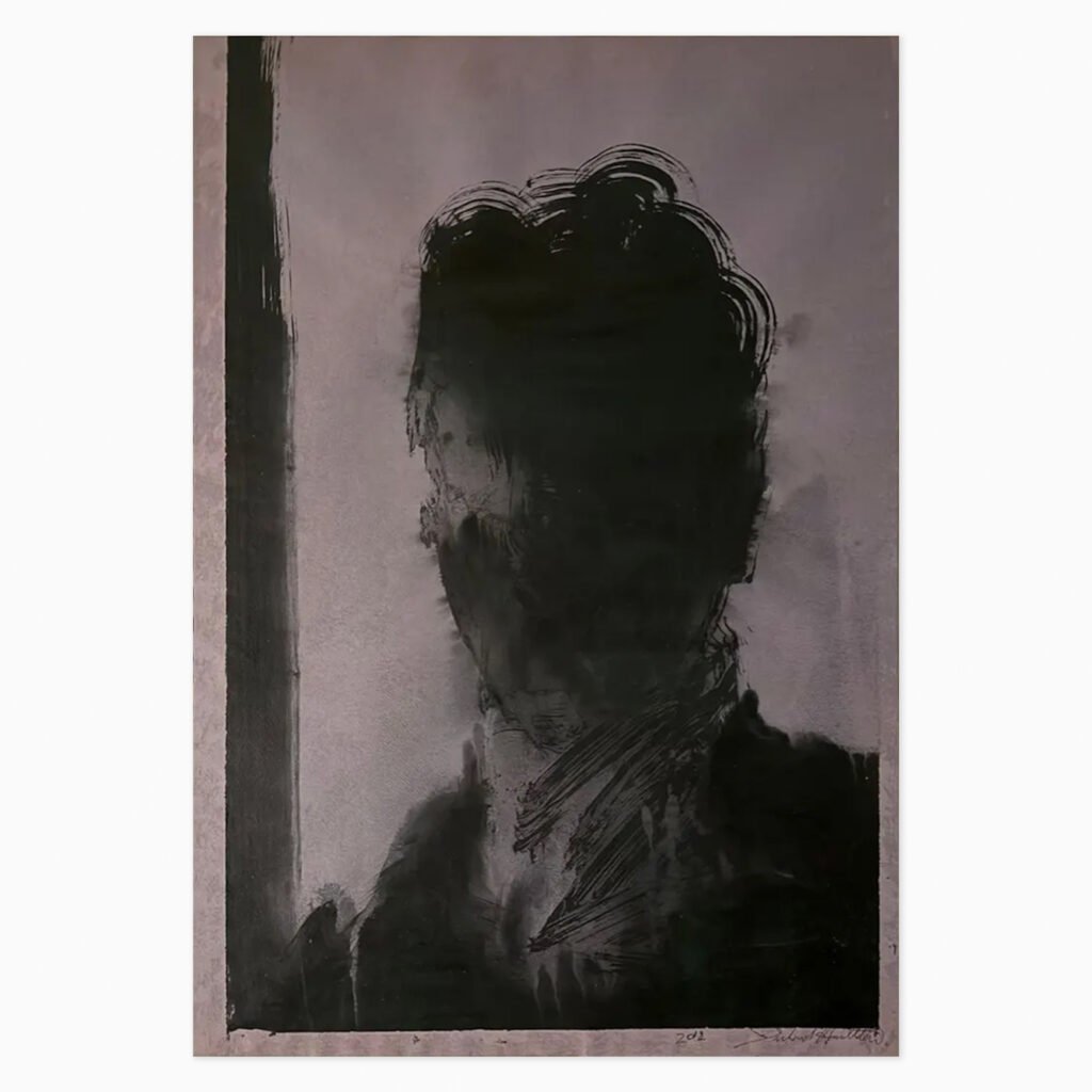 Shadow Head (Black on Purple) (2012) by Richard Hambleton, an expressive acrylic painting on paper depicting a stark black shadow head against a purple ground, with bold, gestural brushwork.
