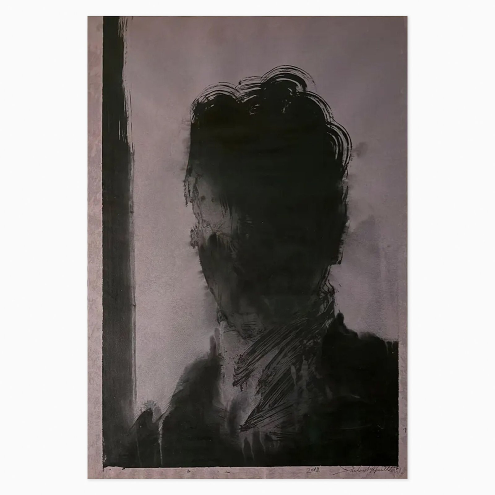 Shadow Head (Black on Purple) (2012) by Richard Hambleton, an expressive acrylic painting on paper depicting a stark black shadow head against a purple ground, with bold, gestural brushwork.