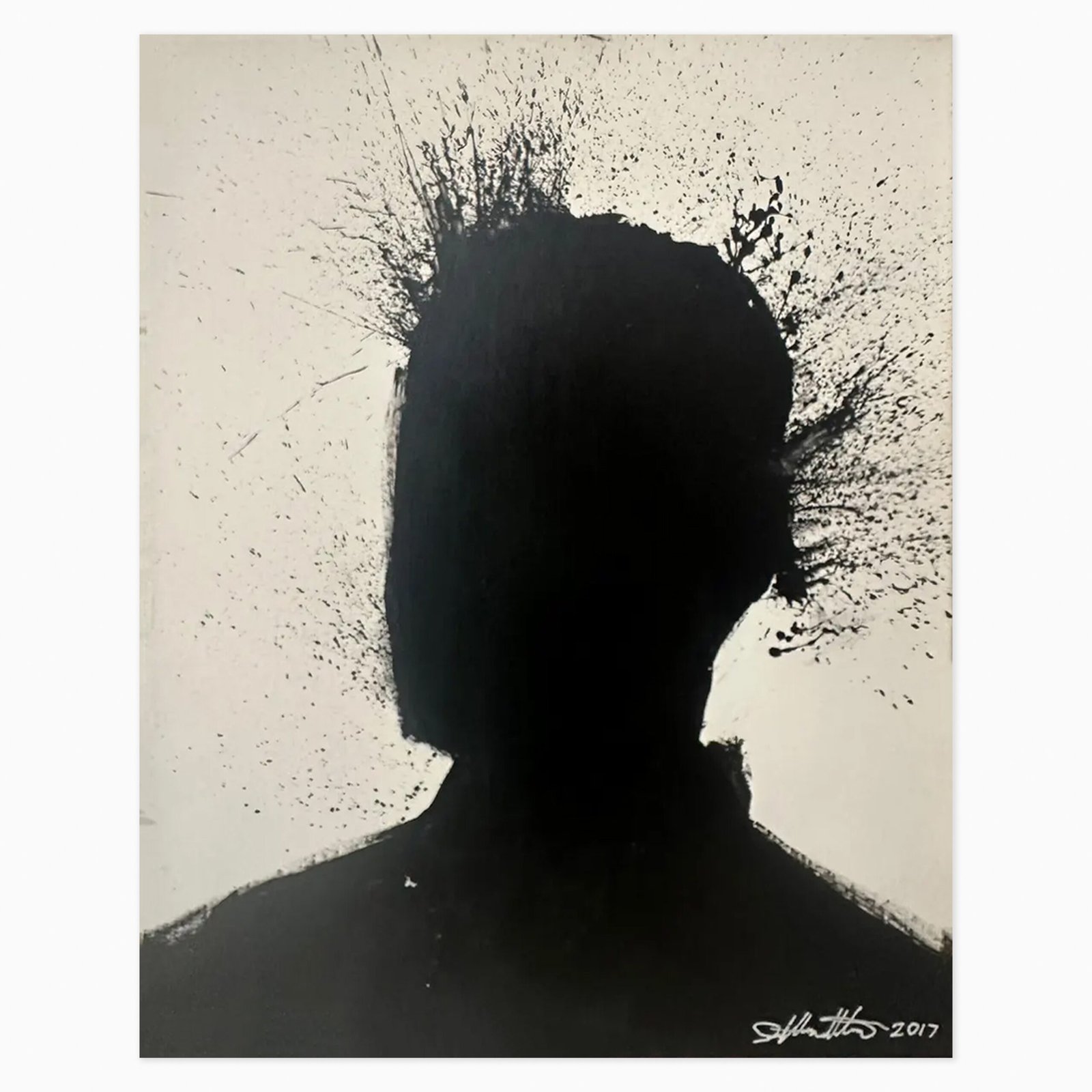 Shadow Head (2017) by Richard Hambleton, an expressive acrylic painting on canvas depicting a stark, shadowy head rendered with bold, gestural brushwork and a dramatic, atmospheric presence.