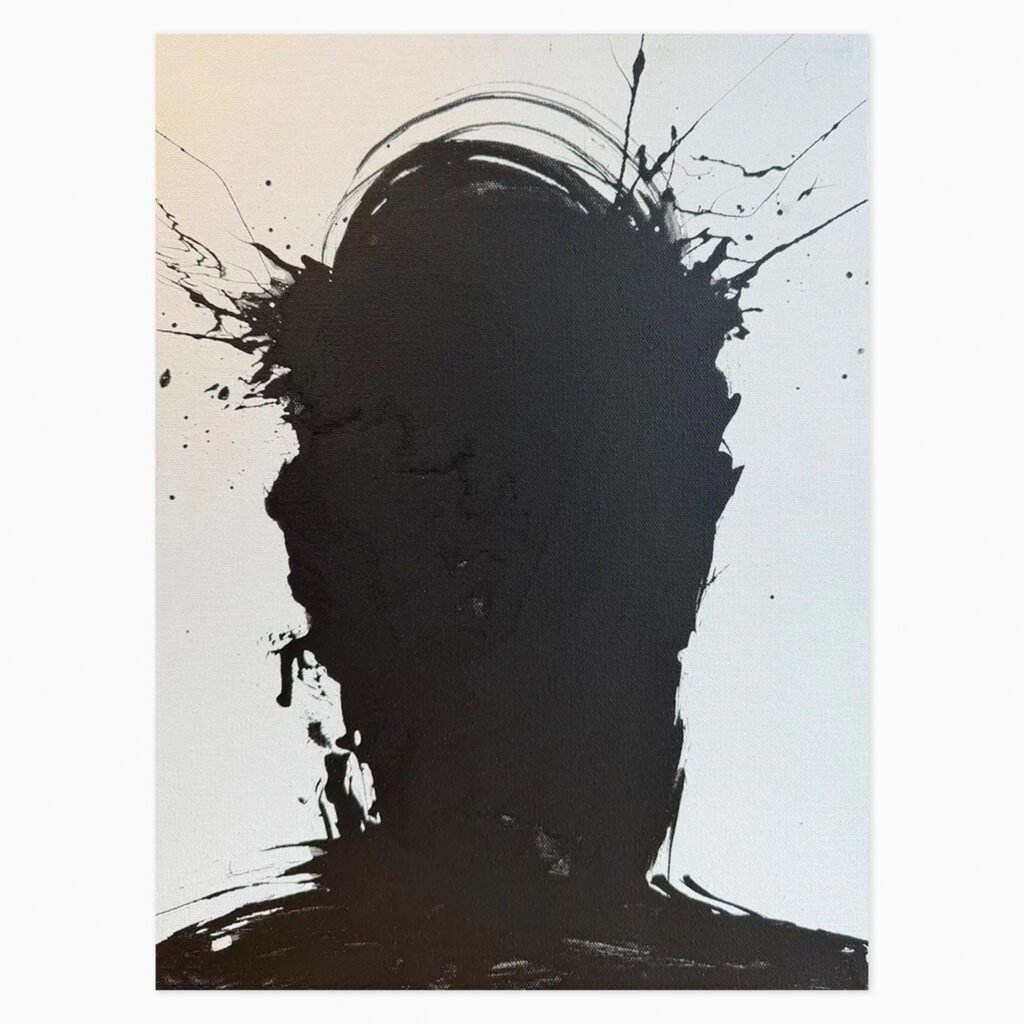 Shadow Head with White (2011) by Richard Hambleton, an expressive acrylic painting on canvas depicting a stark, shadowy head with contrasting white brushwork and a dramatic, gestural quality.