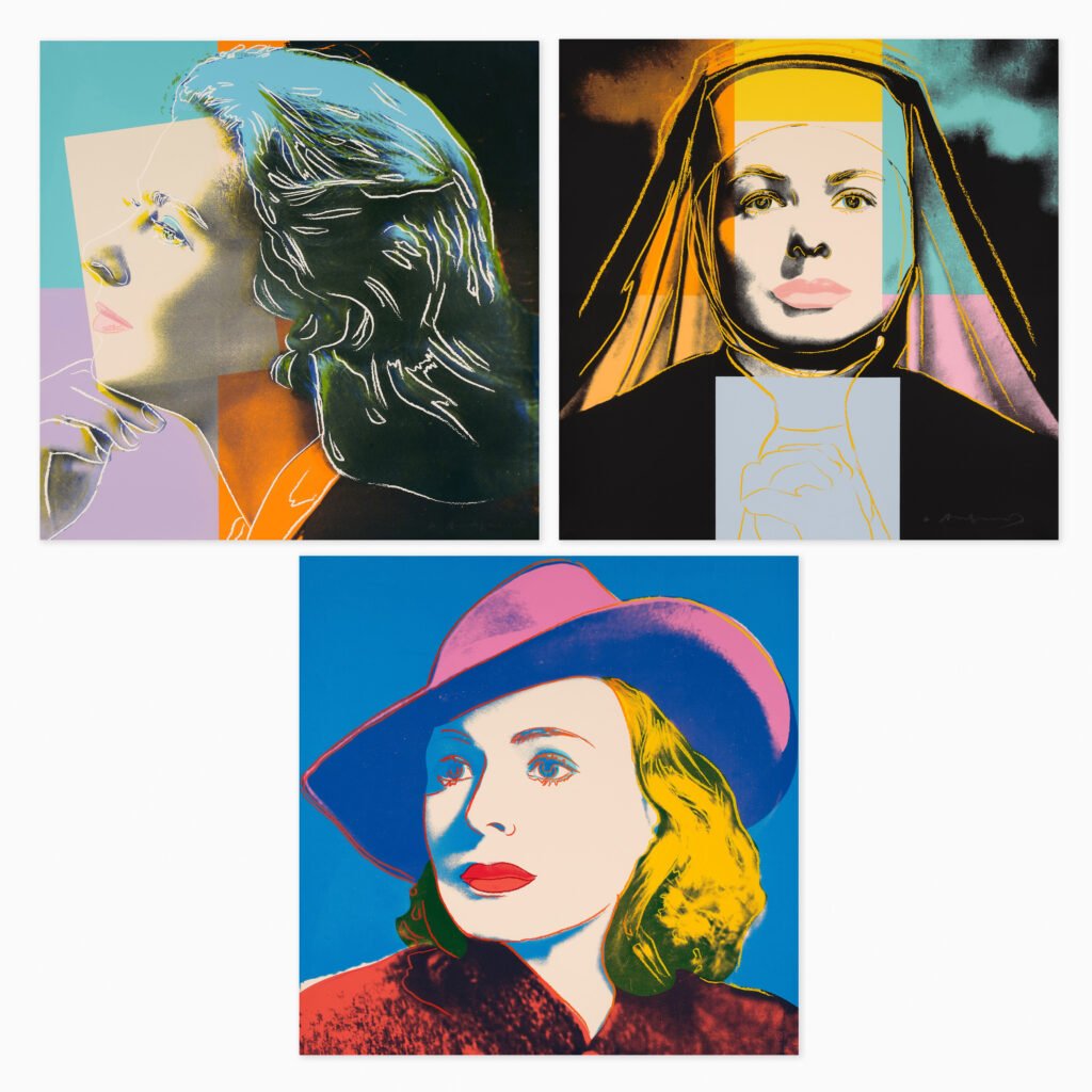 Ingrid Bergman Portfolio (1983) by Andy Warhol, a set of three colour screenprints on Lenox Museum Board featuring stylised portraits of actress Ingrid Bergman, using bold colour contrasts, simplified forms and layered photographic imagery characteristic of Warhol’s Pop Art style.