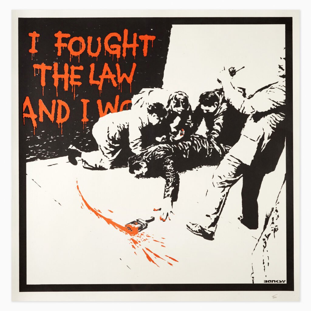 I Fought The Law (2004) by Banksy, a colour screenprint on wove paper featuring a stencil-style image of an arrested citizen with a bold, satirical street-art aesthetic.