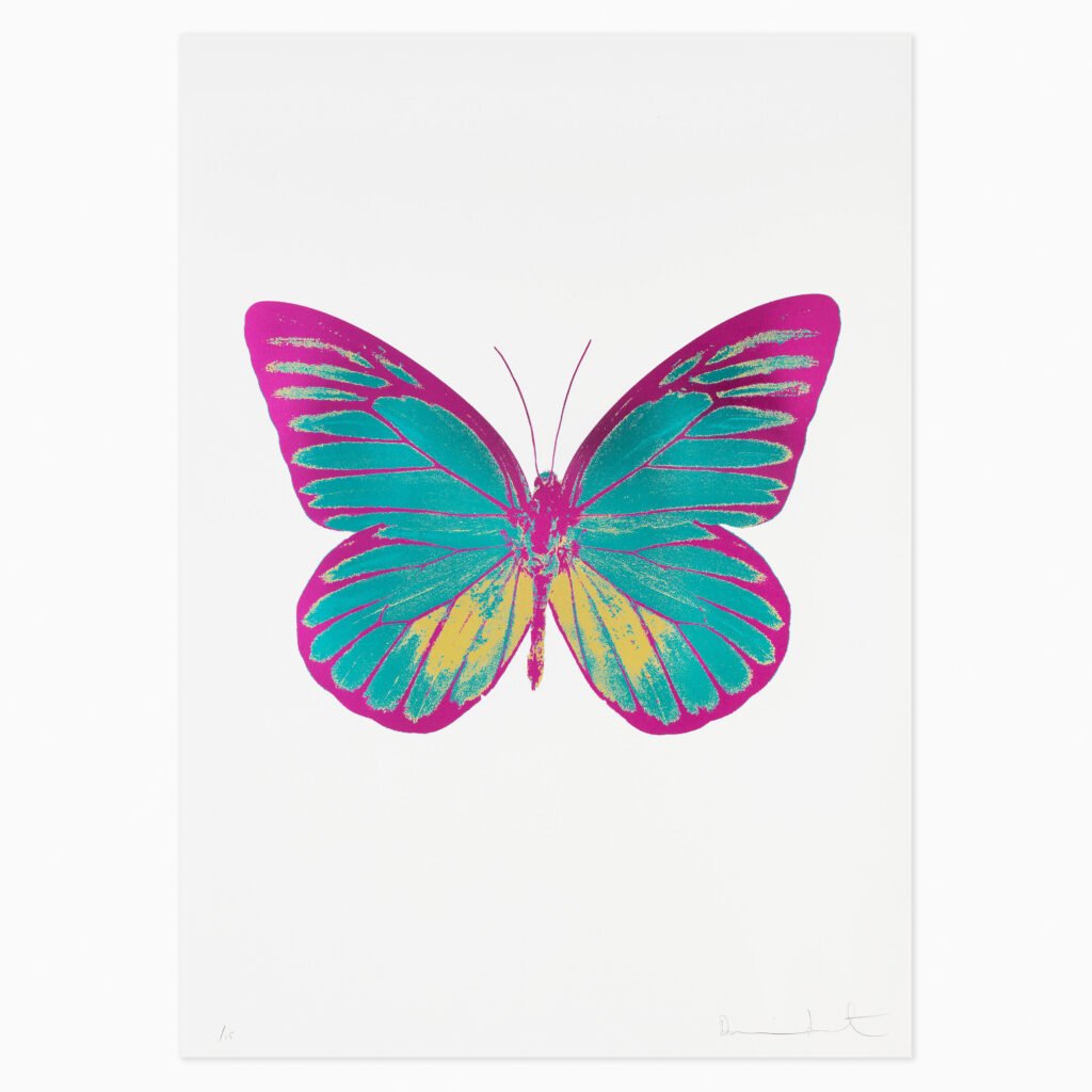 The Souls I – Turquoise/Oriental Gold/Fuchsia Pink (2010) by Damien Hirst, a three-colour foil block print on 300gsm Arches 88 archival paper featuring a butterfly with intricately patterned wings in vivid turquoise, oriental gold and fuchsia pink.