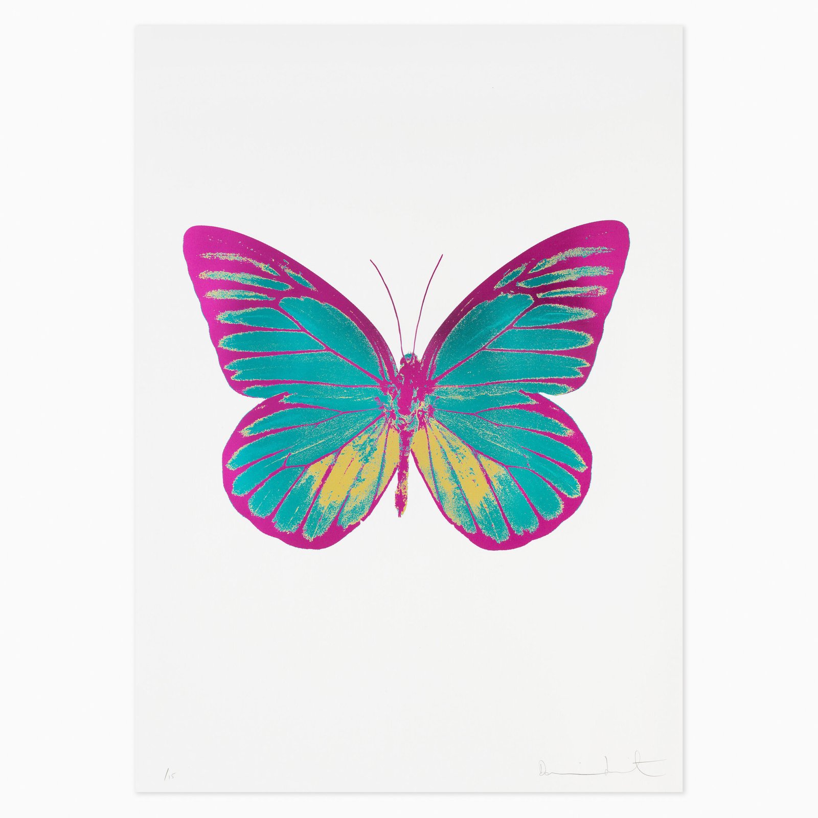 The Souls I – Turquoise/Oriental Gold/Fuchsia Pink (2010) by Damien Hirst, a three-colour foil block print on 300gsm Arches 88 archival paper featuring a butterfly with intricately patterned wings in vivid turquoise, oriental gold and fuchsia pink.