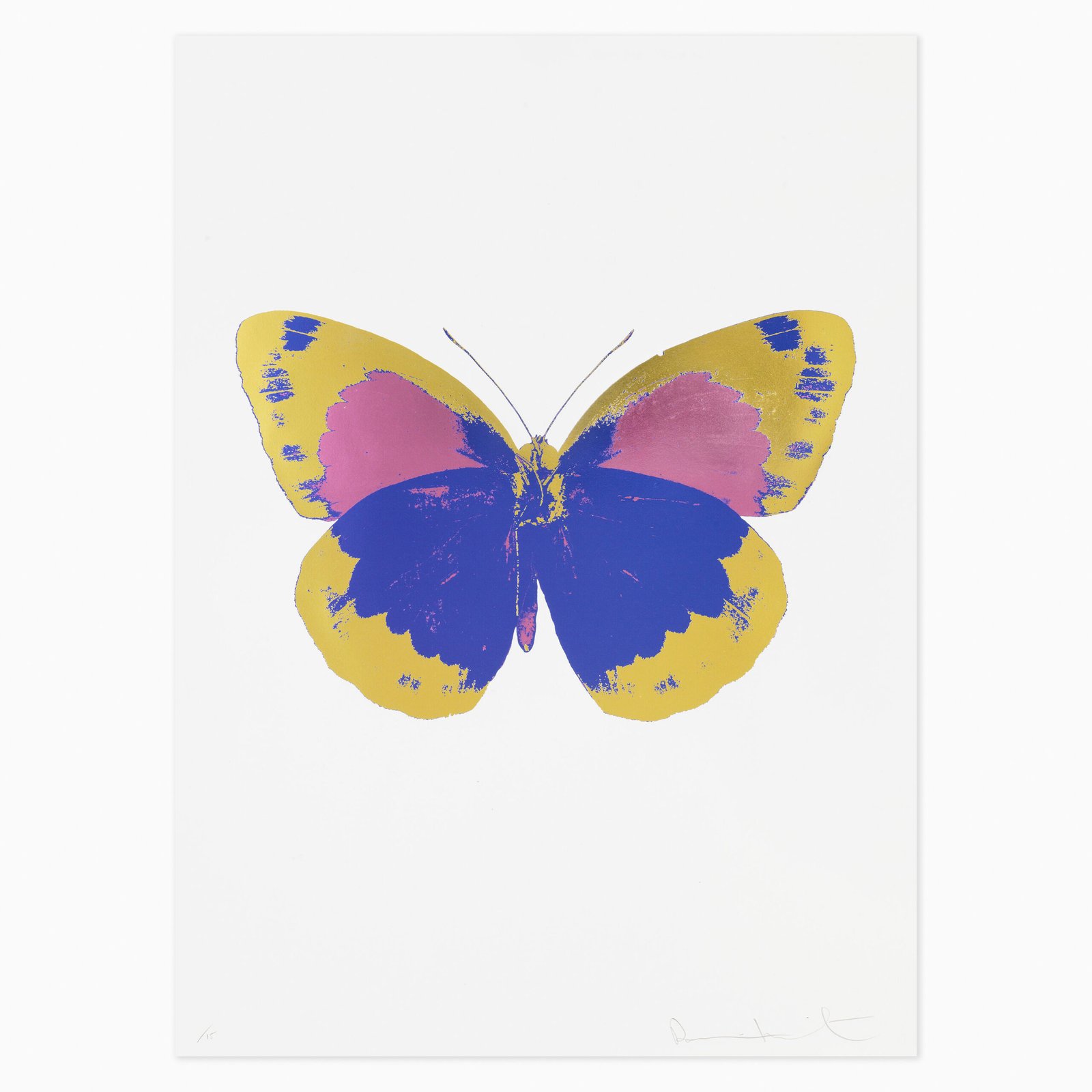 The Souls II – Westminster Blue/Oriental Gold/Loganberry Pink by Damien Hirst, a vibrant foil block print featuring a butterfly with intricately patterned wings in contrasting Westminster blue, oriental gold and loganberry pink.