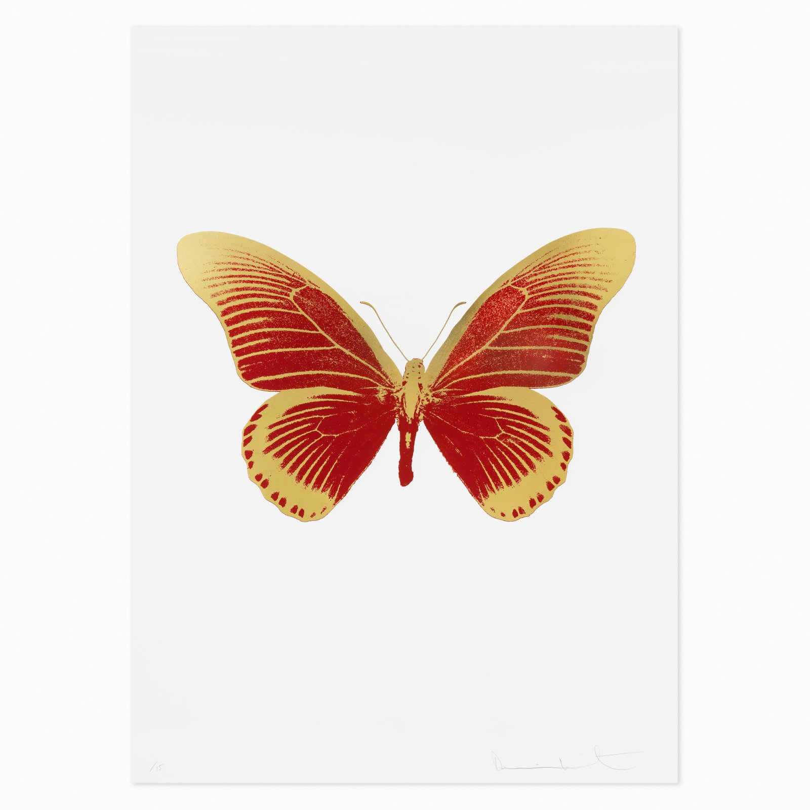 The Souls IV – Chilli Red/Oriental Gold by Damien Hirst, a foil block print featuring a butterfly with intricately patterned wings in vivid chilli red and oriental gold, creating a bold, symmetrical composition.