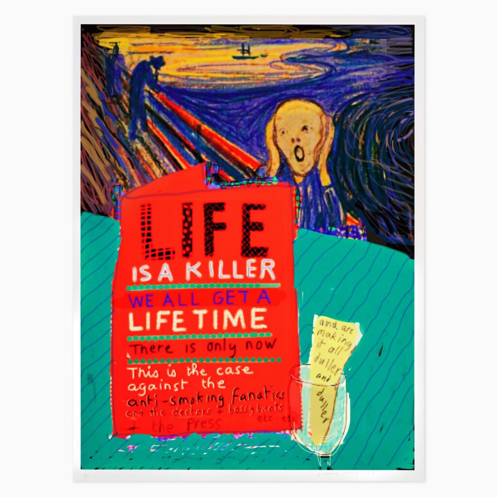 Life (2012) by David Hockney, a colourful iPad drawing printed on wove paper, featuring a reimagining of Edvard Munch's The Scream with digital brushstrokes and vivid colours in a lively, painterly composition.