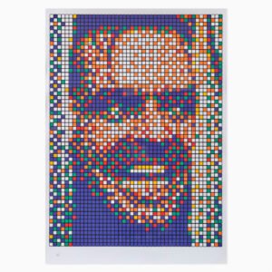 Rubik Kubrick II (Jack) (2007) by Invader, a colour screenprint on wove paper depicting a pixelated portrait of Jack Nicholson as seen in The Shining, constructed from colourful geometric blocks inspired by Rubik’s Cubes and the artist’s signature mosaic style.