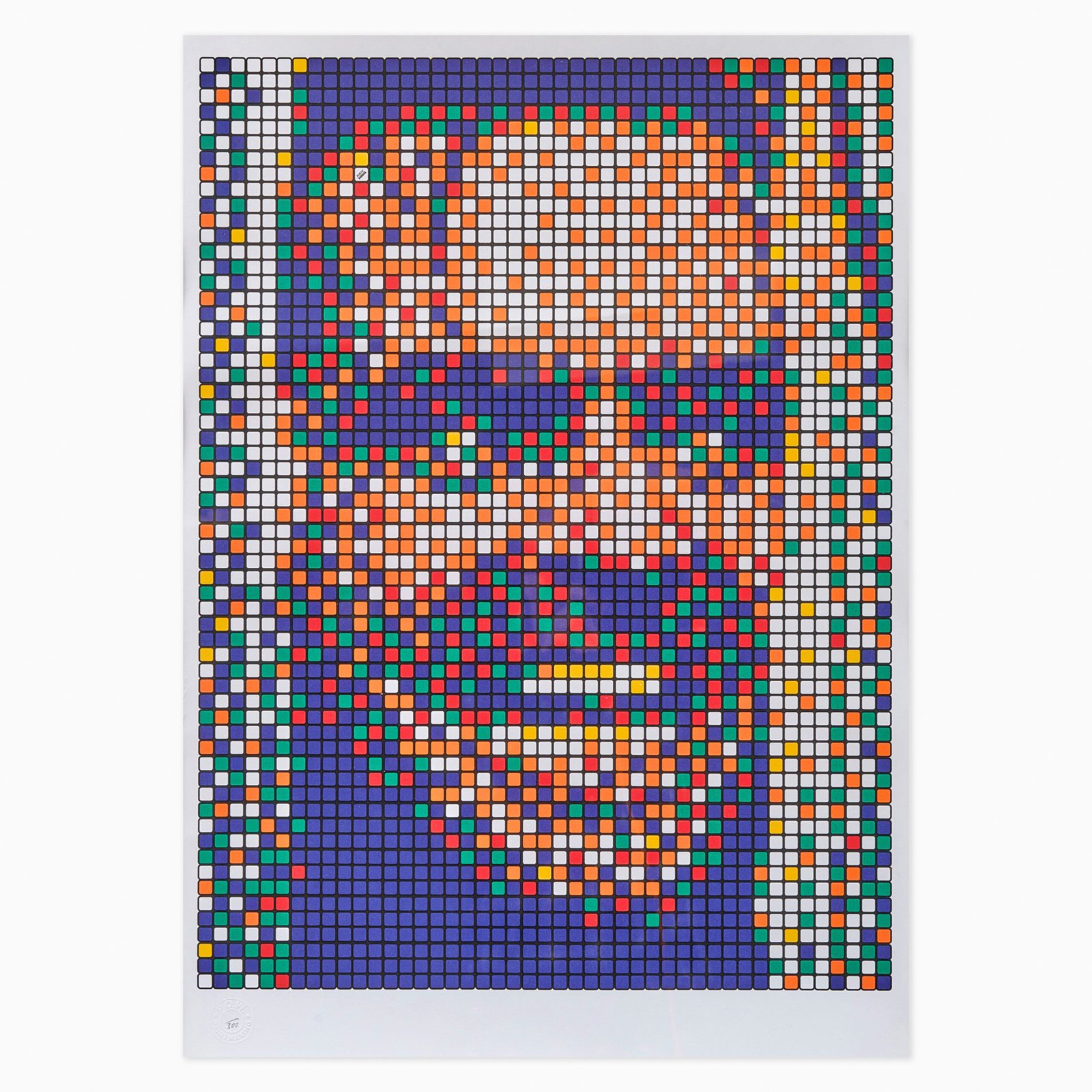Rubik Kubrick II (Jack) (2007) by Invader, a colour screenprint on wove paper depicting a pixelated portrait of Jack Nicholson as seen in The Shining, constructed from colourful geometric blocks inspired by Rubik’s Cubes and the artist’s signature mosaic style.
