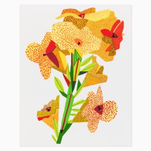 Flower (2022) by Jonas Wood, a 27-colour screenprint on 410gsm Somerset Tub Sized Satin Enhanced White paper, featuring a stylised yellow floral composition with red highlights in Wood’s distinctive graphic style.