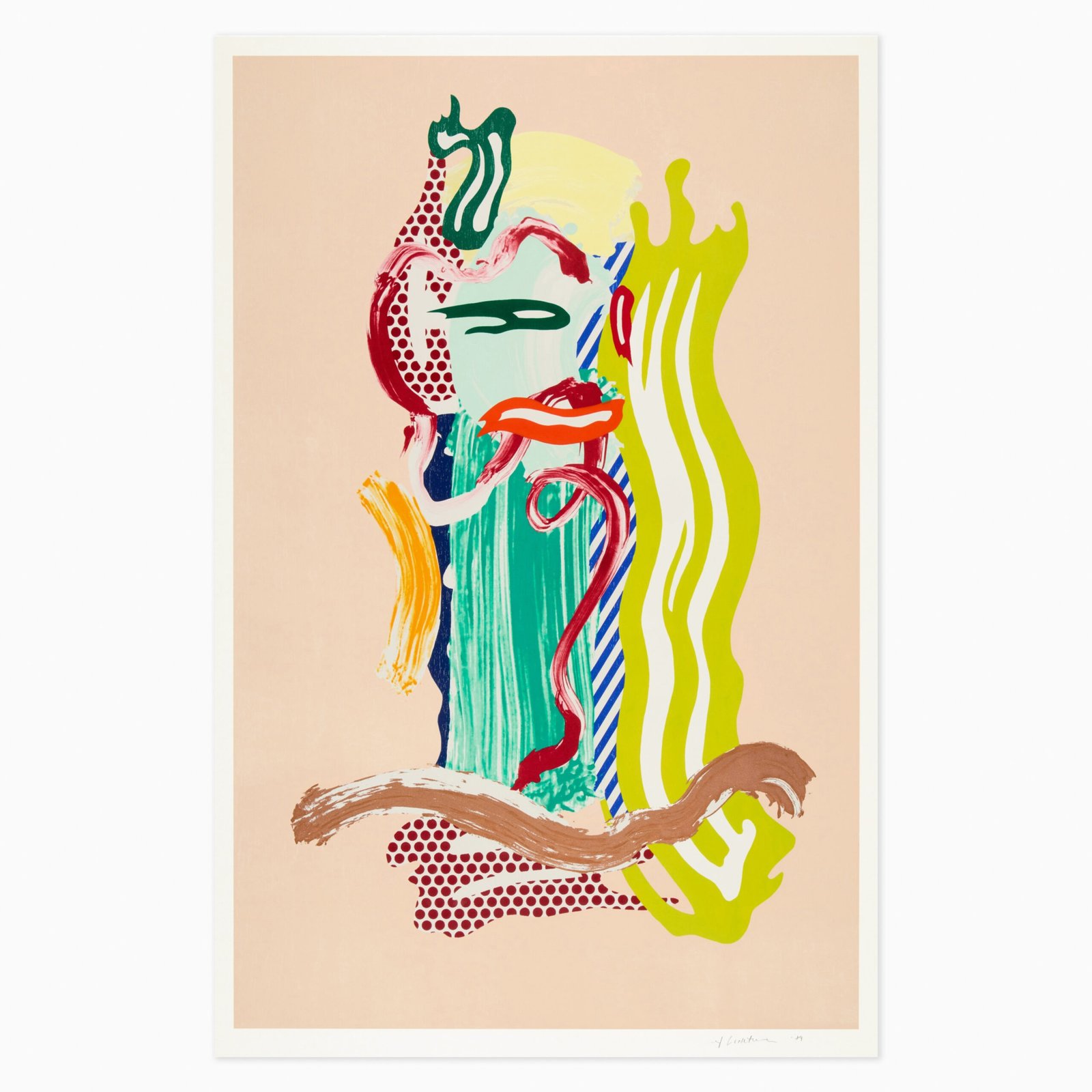 Portrait, from the Brushstroke Figures series (1989) by Roy Lichtenstein, a colourful graphic composition combining a stylised portrait with bold brushstroke forms, rendered in the artist’s signature Pop Art style using vivid colours, strong outlines and layered printmaking techniques.