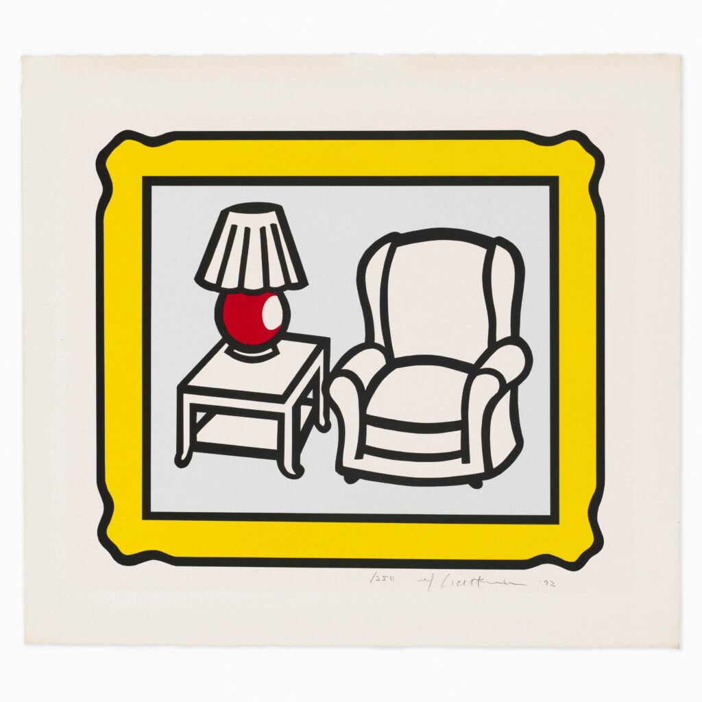 Red Lamp (1992) by Roy Lichtenstein, a colour lithograph on wove paper depicting a stylised lamp armchair and table in a traditional yellow frame, with strong outlines and clean shapes characteristic of Lichtenstein’s Pop Art style.
