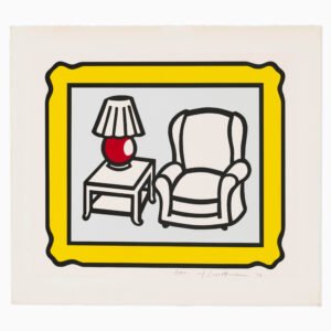 Red Lamp (1992) by Roy Lichtenstein, a colour lithograph on wove paper depicting a stylised lamp armchair and table in a traditional yellow frame, with strong outlines and clean shapes characteristic of Lichtenstein’s Pop Art style.